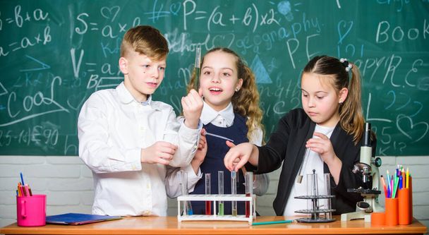 Girls and boy student conduct school experiment with liquids. Check result. School chemistry lesson. School laboratory. Group school pupils study chemical liquids. Test tubes with colorful substances - Foto, imagen