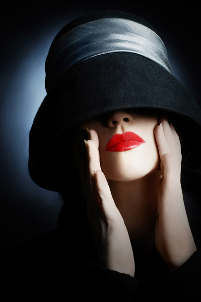 Woman in hat with red lips - 写真・画像
