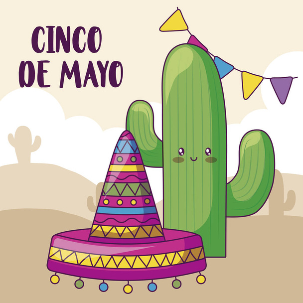 cinco de mayo label met cactus en mexicaanse hoed - Vector, afbeelding