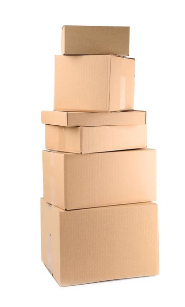 Pile of cardboard boxes on white background - Foto, imagen