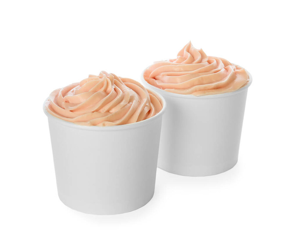 Cups with tasty frozen yogurt on white background - Fotoğraf, Görsel