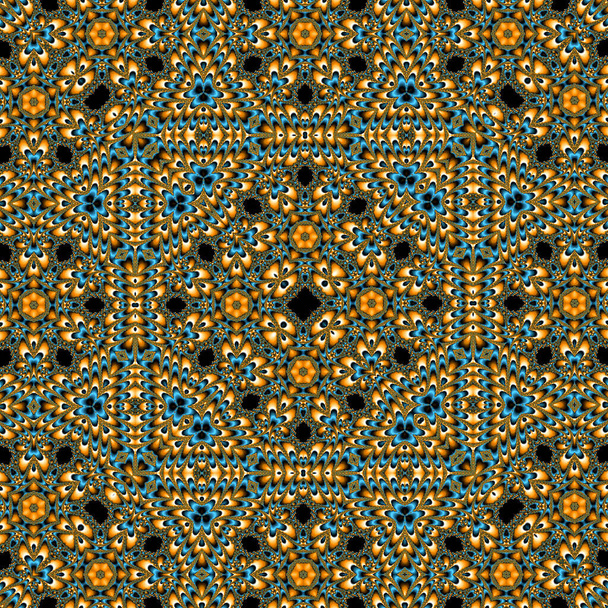 Traditional ornamental floral paisley showl or carpet. Ornament mosaic background for design of carpet, shawl, pillow, cushion in orange and blue on dark - Photo, Image