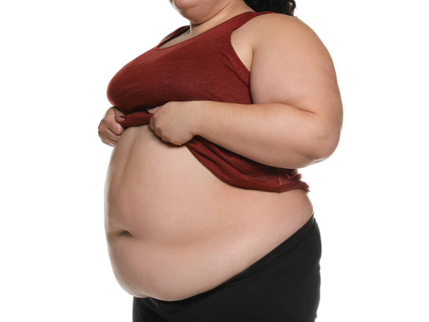 Overweight woman posing on white background, closeup - Фото, изображение