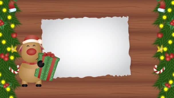 happy merry christmas animation with deer in wooden background - Footage, Video