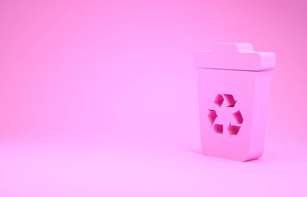 Rosafarbener Papierkorb mit Recycling-Symbol auf rosa Hintergrund. Mülleimer-Symbol. Mülleimer-Schild. Papierkorb-Schild. Minimalismus-Konzept. 3D Illustration 3D Renderer - Foto, Bild