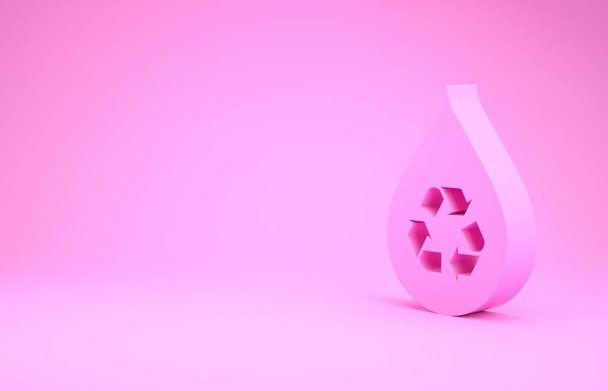 Pink Recycle чистый значок аква изолирован на розовом фоне. Капля воды с утилизацией знаков. Концепция минимализма. 3D-рендеринг - Фото, изображение