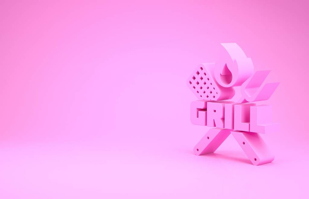 Pink Crossed fork and spatula icon isolated on pink background. Fire flame sign. BBQ fork and spatula sign. Barbecue and grill tools. Minimalism concept. 3d illustration 3D render - Photo, Image