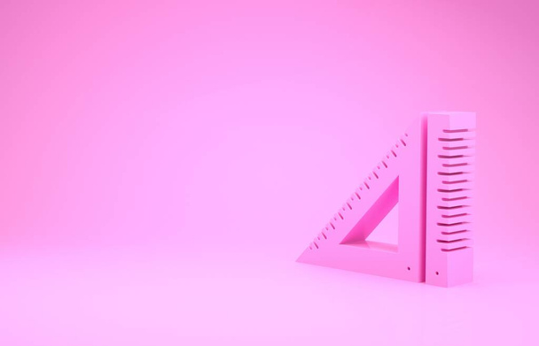 Růžové trojúhelníkové pravítko ikona izolované na růžovém pozadí. Symbol rovný. Geometrický symbol. Minimalismus. 3D ilustrace 3D vykreslení - Fotografie, Obrázek