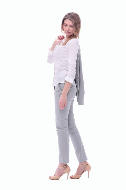 young business woman with a jacket over her shoulder. isolated on white - Photo, Image