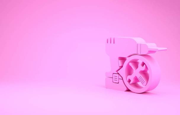 Розовый дрель машина с отверткой и гаечным значком изолированы на розовом фоне. Регулировка, обслуживание, настройка, обслуживание, ремонт, фиксация. Концепция минимализма. 3D-рендеринг
 - Фото, изображение