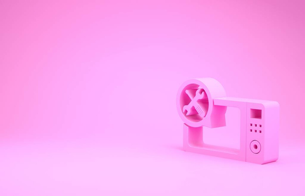 Rózsaszín mikrohullámú sütő csavarhúzóval és villáskulcs ikonnal rózsaszín háttérrel. Beállítás, szerviz, beállítás, karbantartás, javítás, javítás. Minimalizmus koncepció. 3d illusztráció 3d render - Fotó, kép