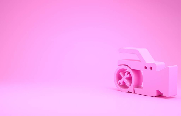 Câmera de vídeo rosa com chave de fenda e ícone de chave de fenda isolado no fundo rosa. Ajuste, serviço, configuração, manutenção, reparação, fixação. Conceito de minimalismo. 3D ilustração 3D render
 - Foto, Imagem