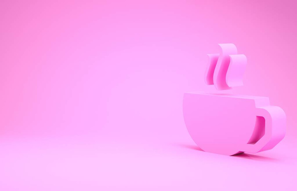 ピンクコーヒーカップピンクの背景に隔離されたフラットアイコン。ティーカップホットドリンクコーヒー最小限の概念。3Dイラスト3Dレンダリング - 写真・画像