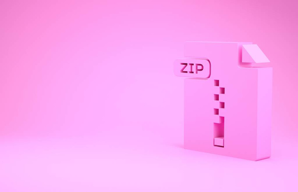 Document de fichier ZIP rose. Télécharger icône bouton zip isolé sur fond rose. Symbole de fichier ZIP. Concept de minimalisme. Illustration 3D rendu 3D
 - Photo, image