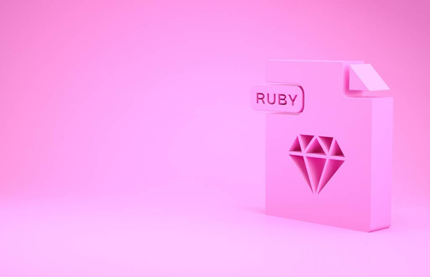Dokument Růžového rubínu. Stáhnout ikonu rubínového tlačítka izolované na růžovém pozadí. Symbol souboru Ruby. Minimalismus. 3D ilustrace 3D vykreslení - Fotografie, Obrázek