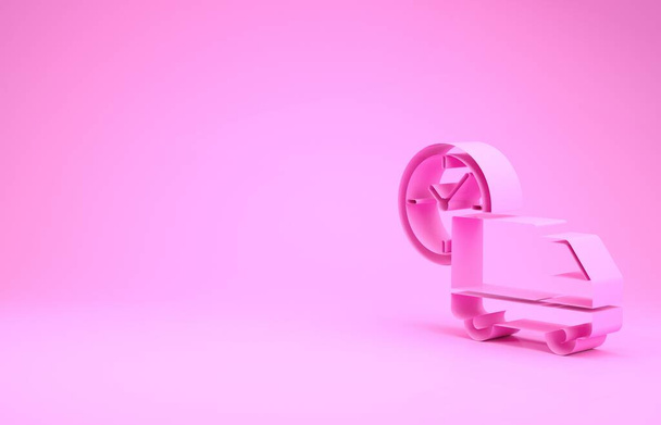 Pink Logistics dostawy ciężarówki i ikona zegara izolowane na różowym tle. Ikona czasu dostawy. Koncepcja minimalizmu. Ilustracja 3d - Zdjęcie, obraz