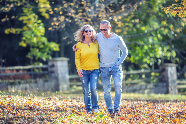 Happy mature couple in autumn park in the embrace walk on the fa - Photo, Image