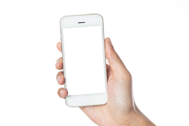 Ręka kobieta trzyma smartfon z pustym ekranem odizolowany na białym tle z ścieżką wycinania - Zdjęcie, obraz