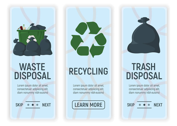 Waste, Trash Disposal and Recycling. Web Banner for Web and Smartphone. Icon and Label on Background in Box. Template for Note, Message and Web. Simple and Cartoon Vector Illustration - Vector, Image