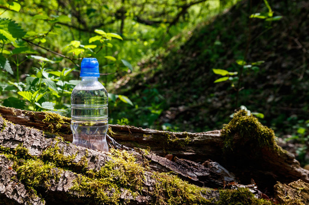 Пластиковая бутылка с пресной питьевой водой на зеленом фоне леса - Фото, изображение