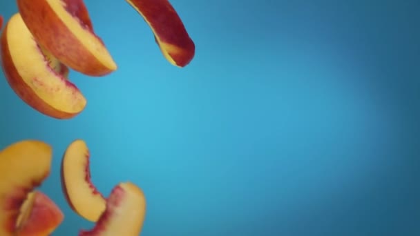 Peach slices fly down on a blue background - Felvétel, videó