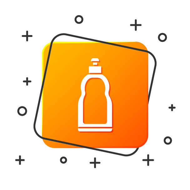Bílá Plastová láhev na tekuté prací prostředky, bělidlo, mycí kapalina nebo jiný čisticí prostředek ikona izolované na bílém pozadí. Oranžový knoflík. Vektorová ilustrace - Vektor, obrázek