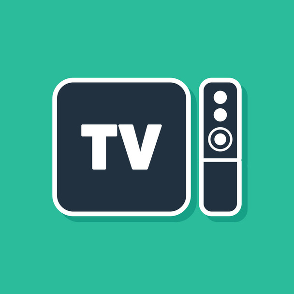 Синій мультимедійний і телевізійний коробчастий приймач і плеєр з піктограмою віддаленого контролера ізольовані на зеленому фоні. Векторна ілюстрація
 - Вектор, зображення