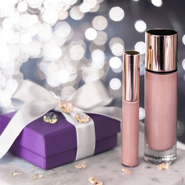 Holiday make-up foundation base, concealer and purple gift box,  - Photo, Image