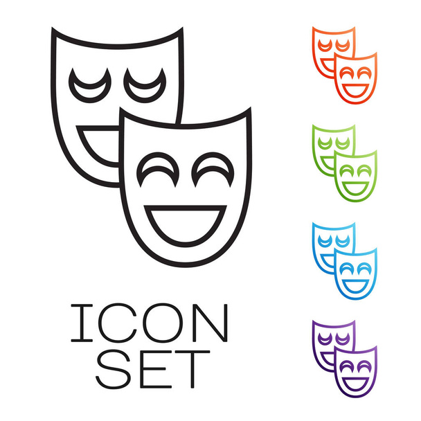 Czarna linia Komedia maski ikona teatralne izolowane na białym tle. Zestaw ikon kolorowe. Ilustracja wektora - Wektor, obraz
