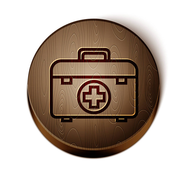 Brown line First aid kit icon isolated on white background. Medical box with cross. Medical equipment for emergency. Healthcare concept. Wooden circle button. Vector Illustration - Vector, Image