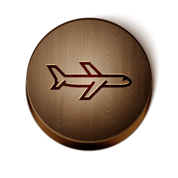Brązowa ikona samolotu izolowana na białym tle. Ikona latającego samolotu. Znak samolotu. Drewniany przycisk koła. Ilustracja wektora - Wektor, obraz