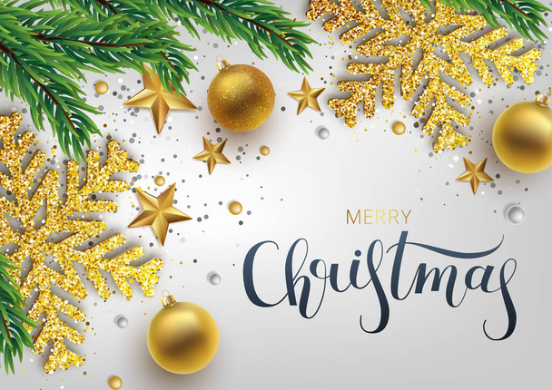 Christmas greeting card, vector background.Gold and silver Christmas ball, and branch fir-tree. Metallic gold and silver Christmas snowflake. Hand drawn lettering. Vector illustration - Διάνυσμα, εικόνα