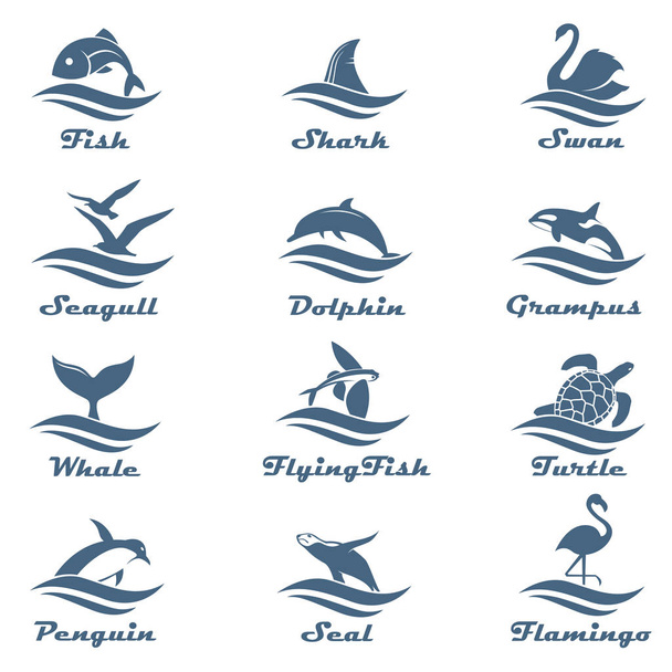 Beyaz arkaplanda deniz dalgaları olan ikon hayvan koleksiyonu - Vektör, Görsel