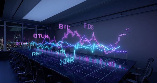 Criptomoneda Bitcoin Exchange Trading Concepto de juego. Gráficos Estadísticas financieras sobre la mesa en el interior de la oficina Ilustración 3D
.  - Foto, imagen