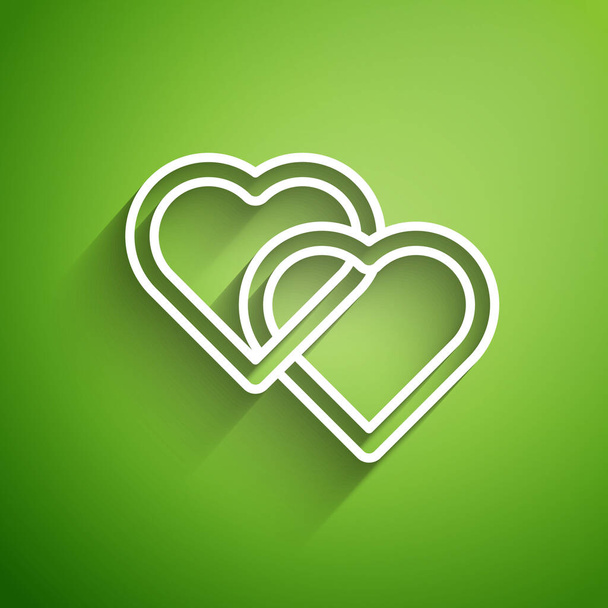На зеленом фоне выделена иконка White line Two Linked Hearts. Романтический символ, связанный, присоединиться, страсть и свадьба. Символ Дня Святого Валентина. Векторная миграция
 - Вектор,изображение