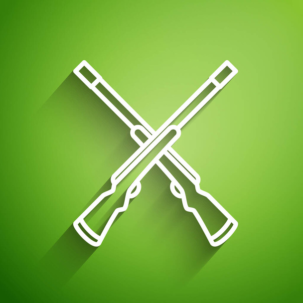 Witte lijn Twee gekruist shotguns icoon geïsoleerd op groene achtergrond. Jachtgeweer. Vector Illustratie - Vector, afbeelding