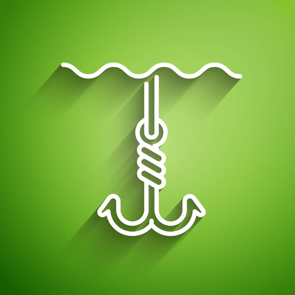 Bílá čára Rybářský hák pod vodou ikona izolované na zeleném pozadí. Rybářské náčiní. Vektorová ilustrace - Vektor, obrázek