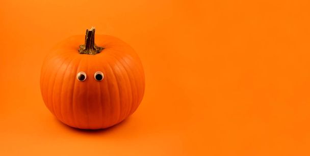 Cute Halloween pumpkin with googly eyes stock images. Halloween pumpkin with googly eyes on a orange background. Orange banner with pumpkin. Halloween pumpkin on a orange background with copy space for text - Photo, Image