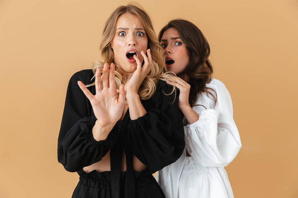 Portrait of two cute scared women showing stop gesture - Foto, imagen