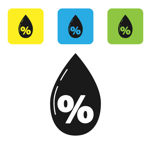 Icono de porcentaje de gota de agua negra aislado sobre fondo blanco. Análisis de humedad. Establecer iconos coloridos botones cuadrados. Ilustración vectorial
 - Vector, Imagen