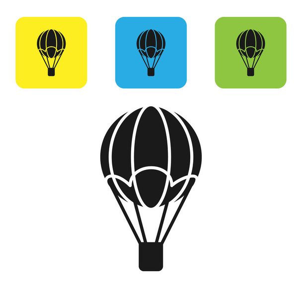 Black Hot air balloon icon isolated on white background. Air transport for travel. Set icons colorful square buttons. Vector Illustration - Vector, Image