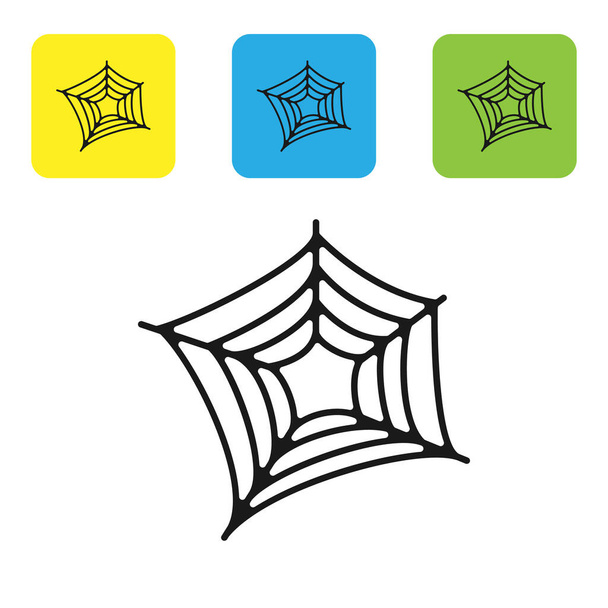 Černá pavučina ikona izolované na bílém pozadí. Znamení pavučiny. Šťastný Halloweenský večírek. Nastavte barevná čtvercová tlačítka. Vektorová ilustrace - Vektor, obrázek
