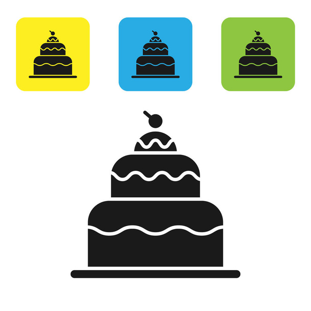 Black Cake icon isolated on white background. Happy Birthday. Set icons colorful square buttons. Vector Illustration - Vector, Image