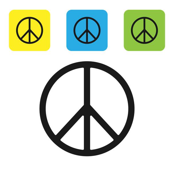 schwarze Friedensikone isoliert auf weißem Hintergrund. Hippie-Symbol des Friedens. setzen Symbole bunte quadratische Tasten. Vektorillustration - Vektor, Bild