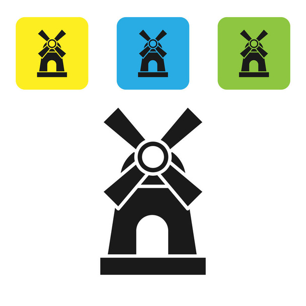 Ícone de moinho de vento preto isolado no fundo branco. Definir ícones coloridos botões quadrados. Ilustração vetorial
 - Vetor, Imagem