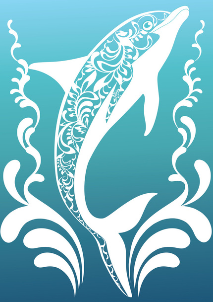 Blue ornamental dolphin with colorful decorative flourish elements on sea background - Vector, afbeelding