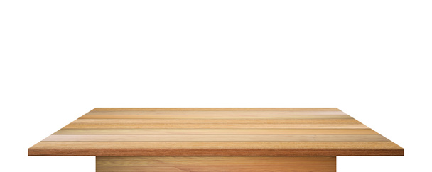 Prázdná dřevěná deska stolu izolovaná na bílém pozadí. s oříznutou cestou. - Fotografie, Obrázek