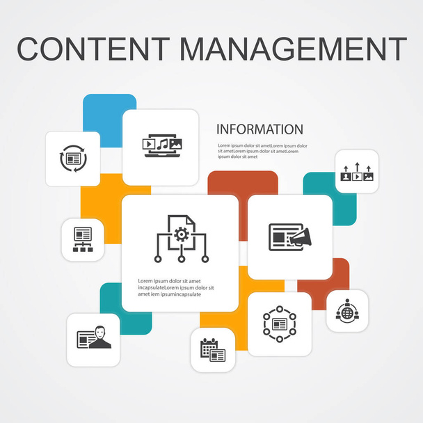 Content Management Infografik Vorlage für 10-zeilige Symbole. CMS, Content Marketing, Outsourcing, digitale Inhalte einfache Symbole - Vektor, Bild