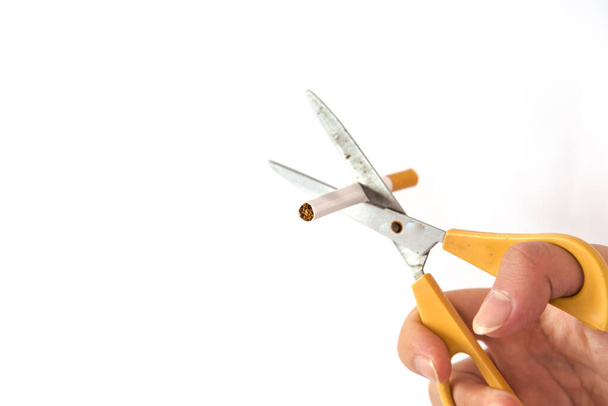 Studio shot selective focus Asian man hand cuts cigarette with scissors isolated - Фото, зображення