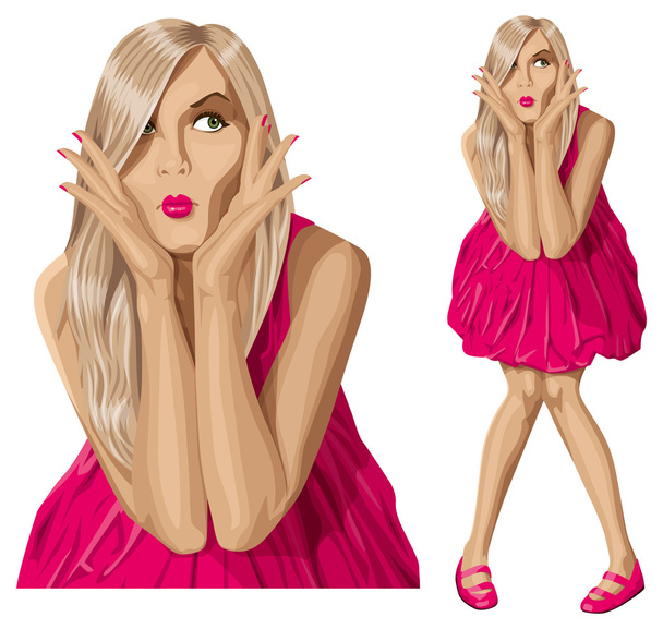 Vector Surprised Blonde in Pink Dress - Vector, Image